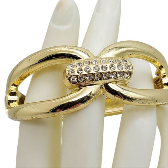 Retro Polished Gold Tone Bangle Rhinestones Clamper Bracelet Horsebit Modernist - Picture 1 of 9